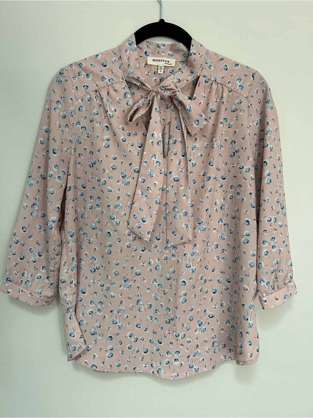 Monteau Pink Floral Tie-Neck Blouse with Blue Accent